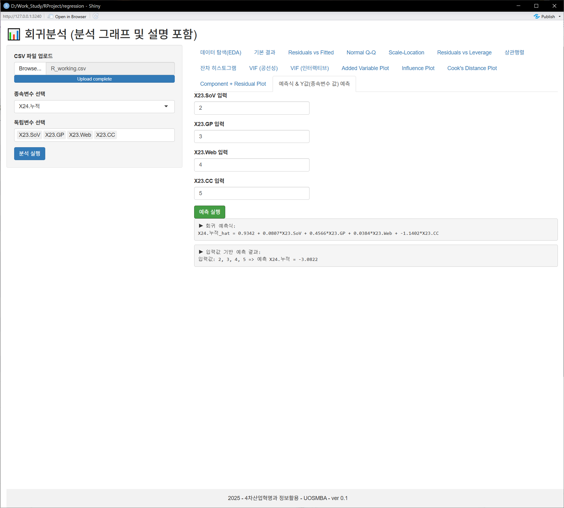 대화형 회귀분석 (분석 그래프 및 설명 포함)툴 - R-Studio